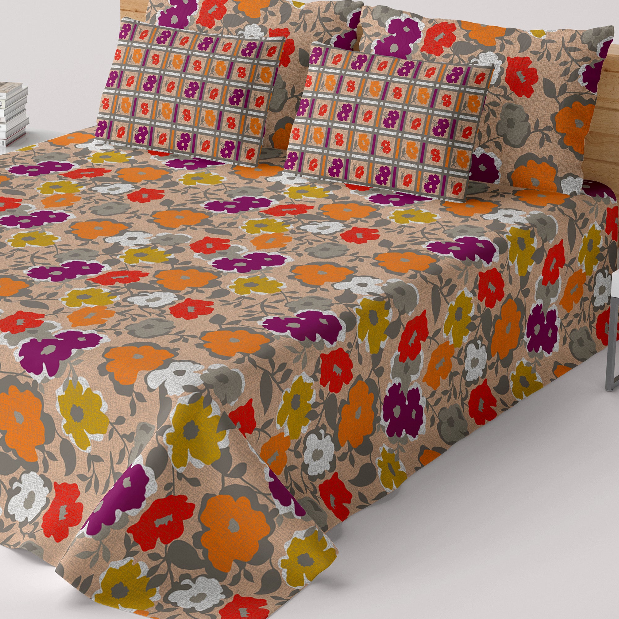 Xara Brown Floral Bed Sheet Set - 8218-8219