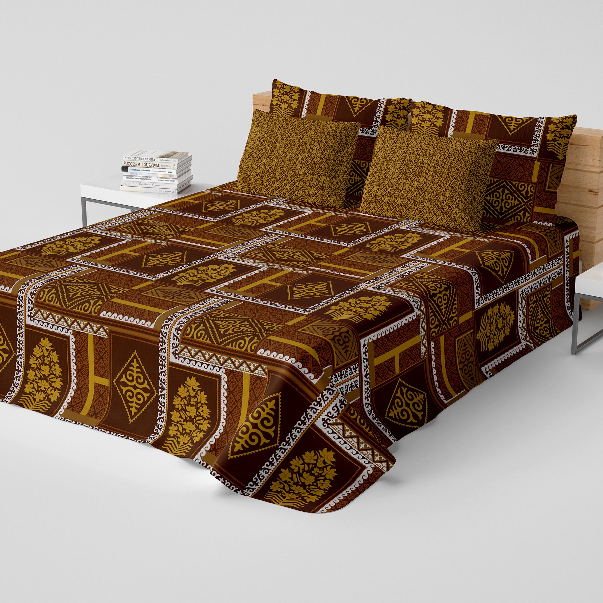 Xara Brown Geometric Floral Bed Sheet Set - 7695-7696