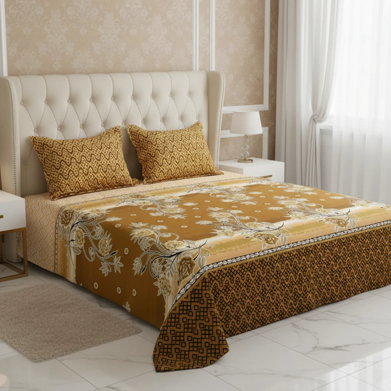 Xara Brown Golden Floral Bed Sheet Set with Geometric Border and Zigzag Pillows - 8058-8059