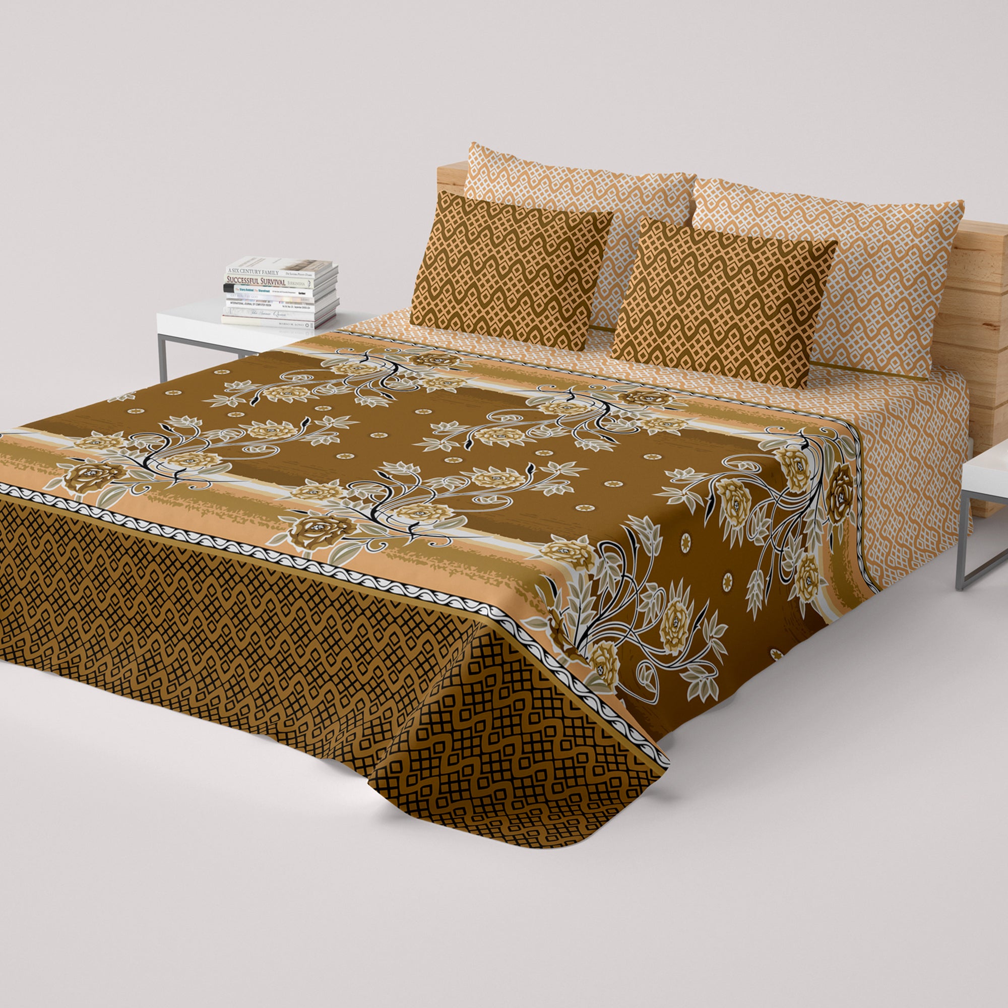 Xara Brown Golden Floral Bed Sheet Set with Geometric Border and Zigzag Pillows - 8058-8059