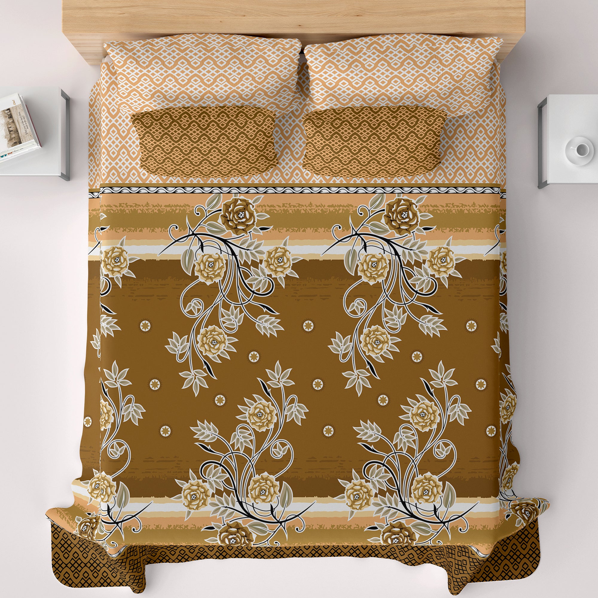 Xara Brown Golden Floral Bed Sheet Set with Geometric Border and Zigzag Pillows - 8058-8059