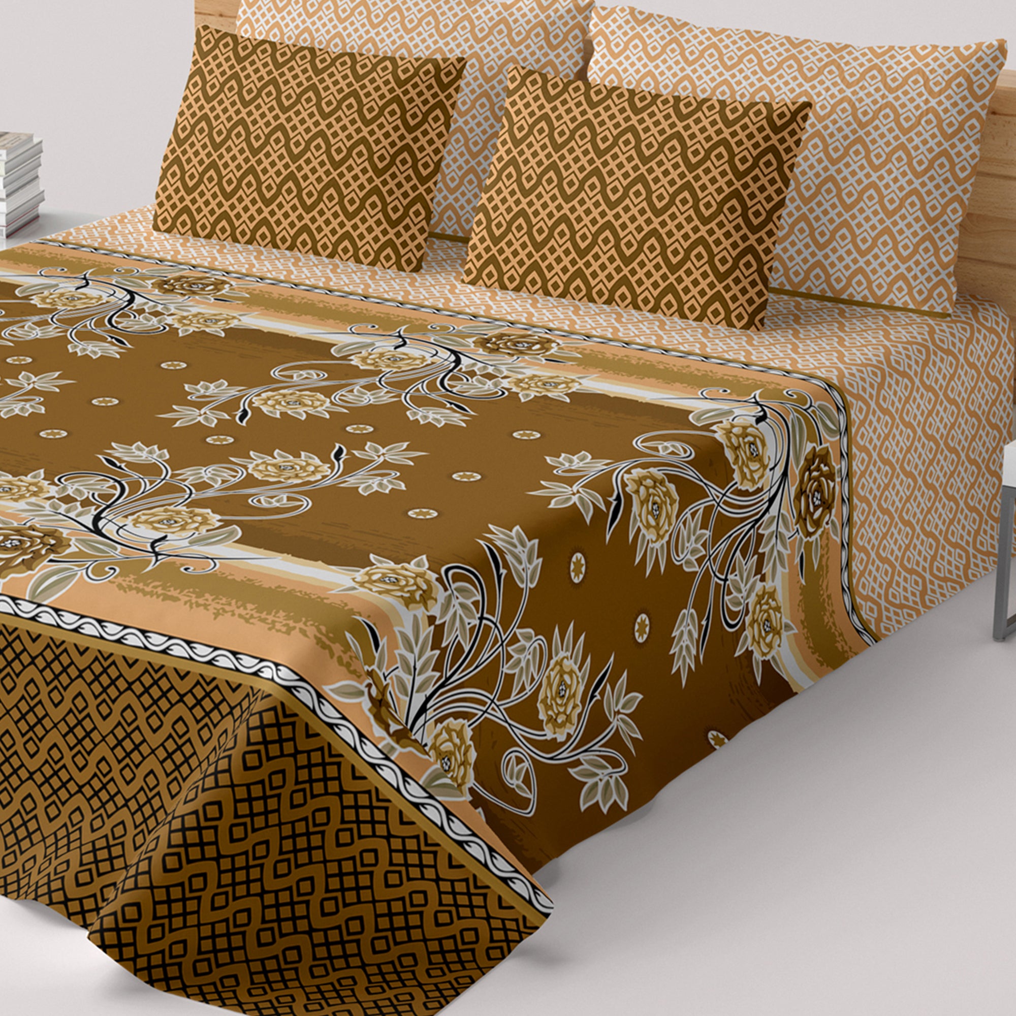 Xara Brown Golden Floral Bed Sheet Set with Geometric Border and Zigzag Pillows - 8058-8059