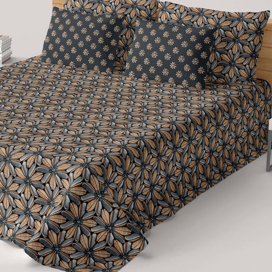 Xara Brown/Grey Geometric Flower Snowflake Bed Sheet Set - 8041-8056