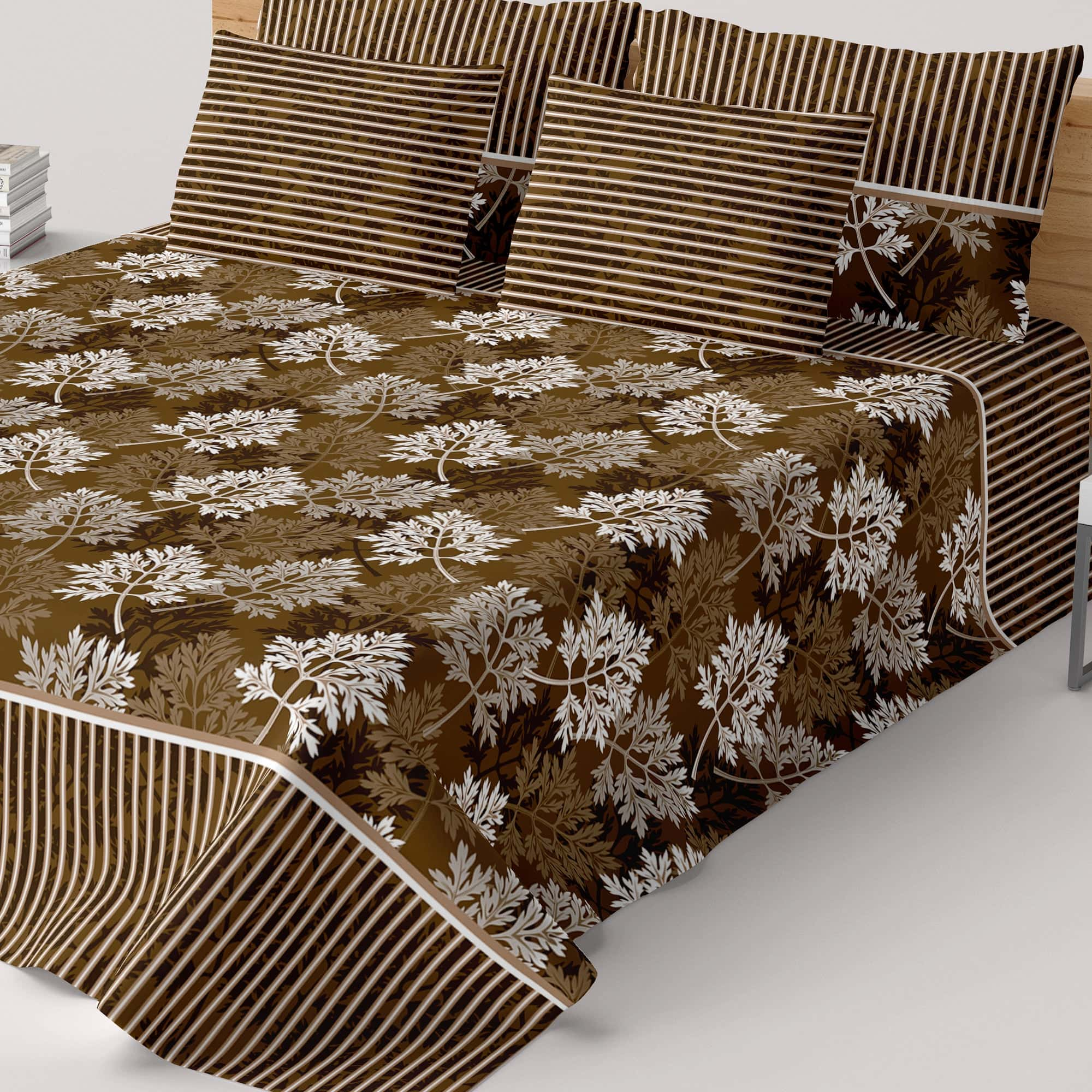 Xara Brown Leaf Design Bed Sheet Set with Striped Pillows - 8189-8190