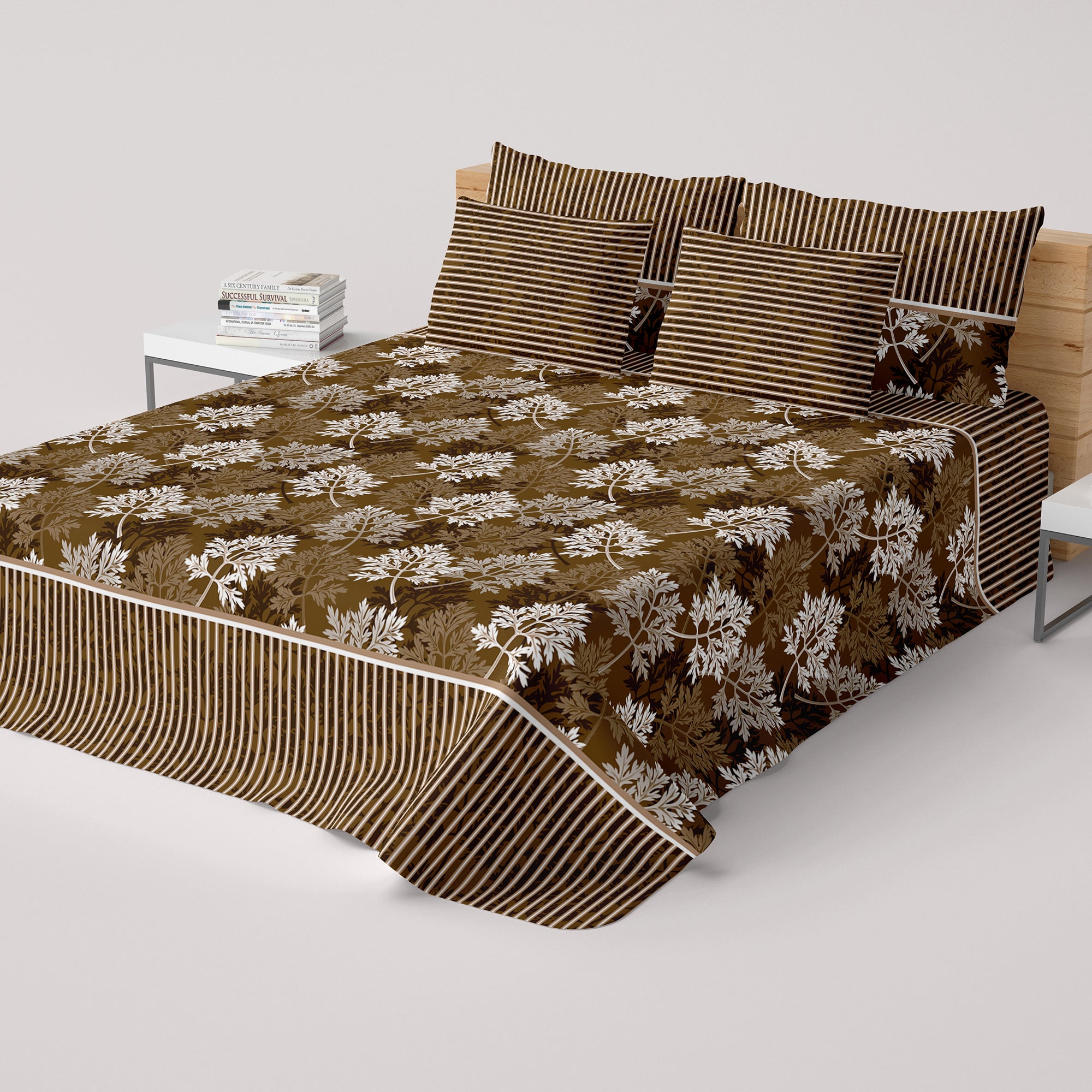 Xara Brown Leaf Design Bed Sheet Set with Striped Pillows - 8189-8190