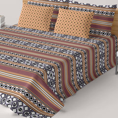 Xara Brown Striped Geometric Grid Bed Sheet Set - 8386-87