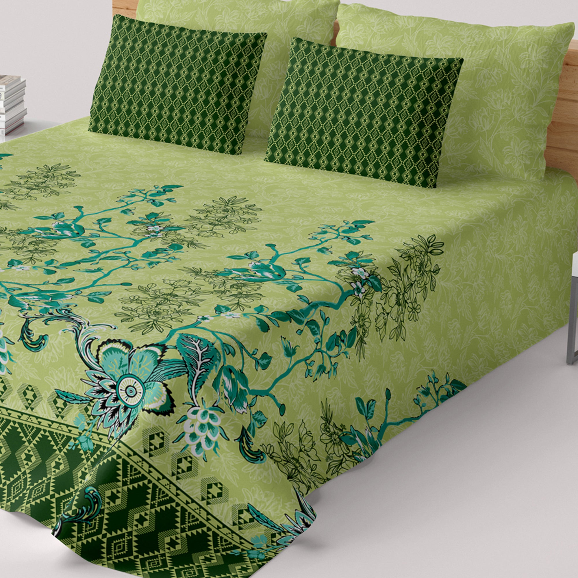 Xara Cream Floral Geometric Bed Sheet Set - 8023-8024