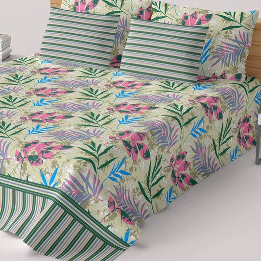 Xara Cream Leaf Design Bed Sheet Set with Striped Border - 8415-16