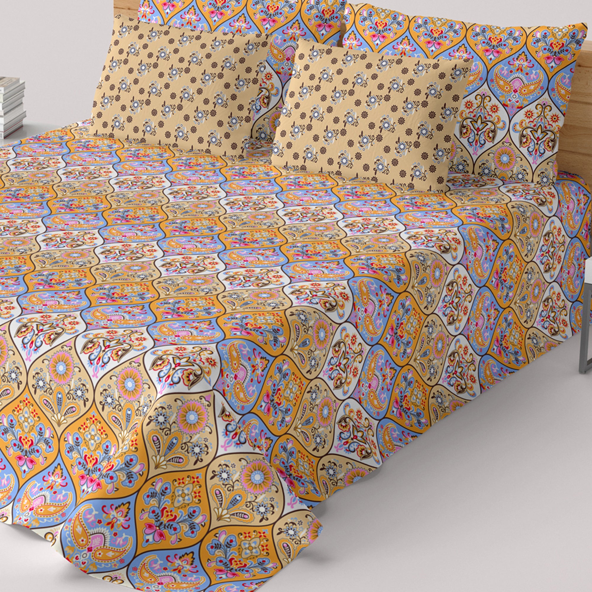 Xara Cream Paisley Geometric Grid Bed Sheet Set - 8371-72