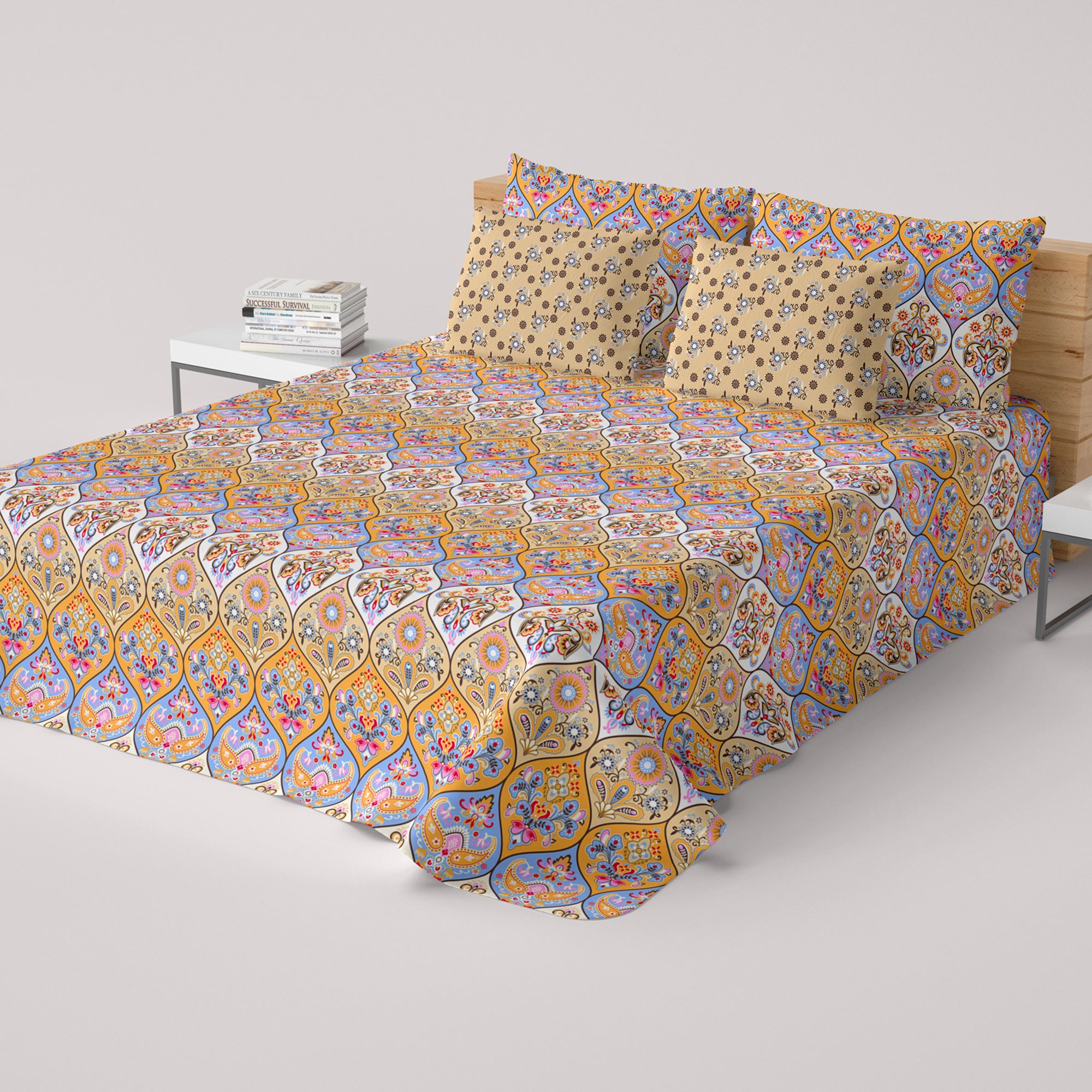 Xara Cream Paisley Geometric Grid Bed Sheet Set - 8371-72