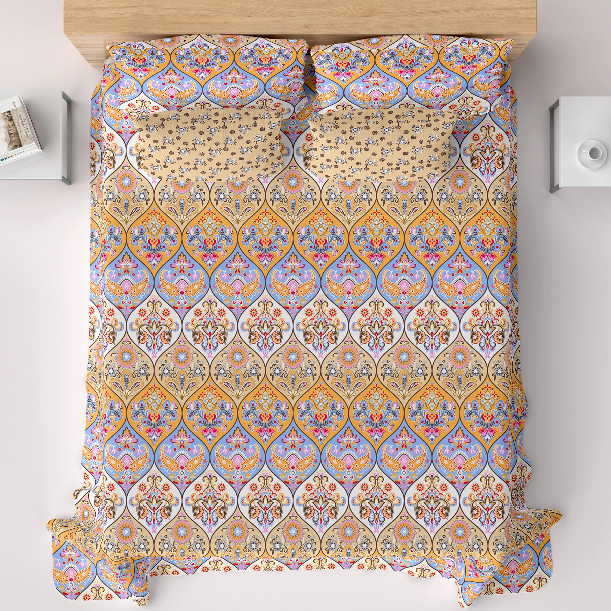 Xara Cream Paisley Geometric Grid Bed Sheet Set - 8371-72