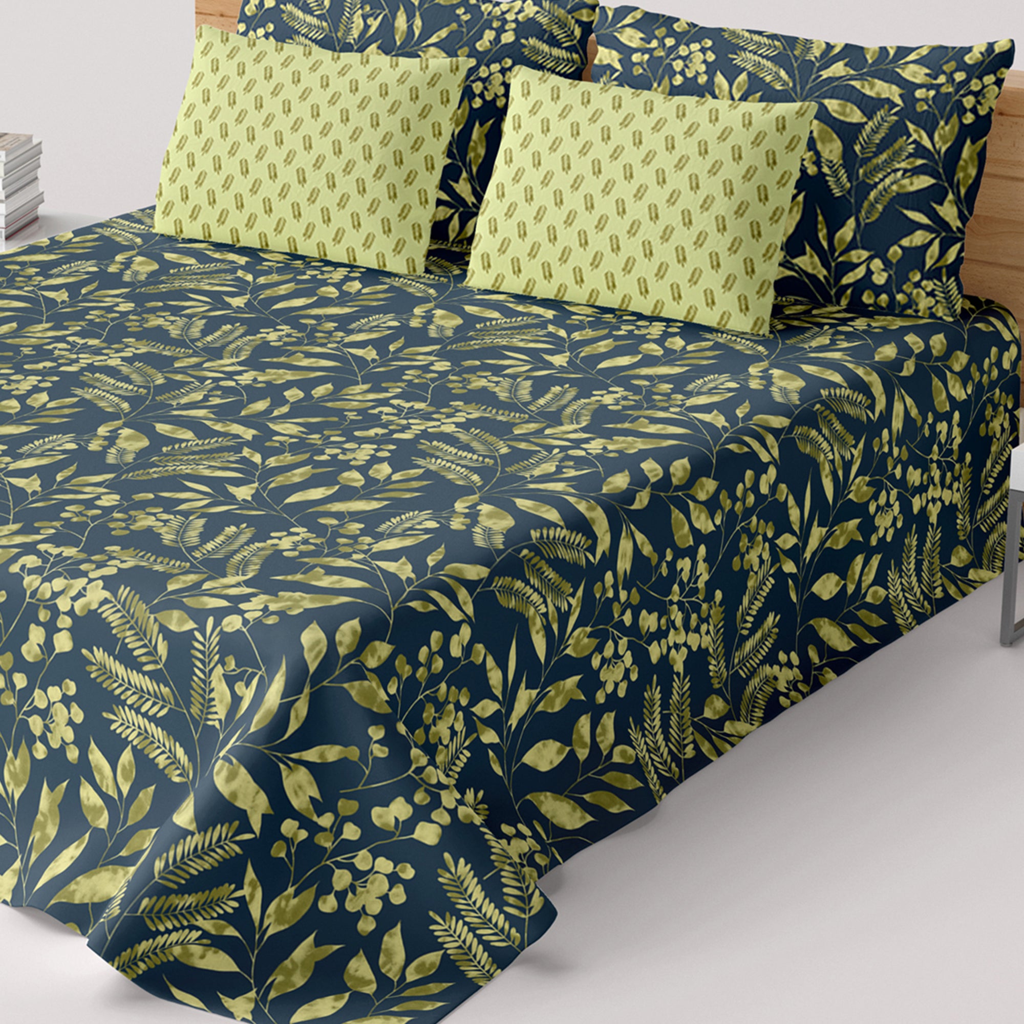 Xara Dark Blue Floral Geometric Grid Bed Sheet Set - 8533-34