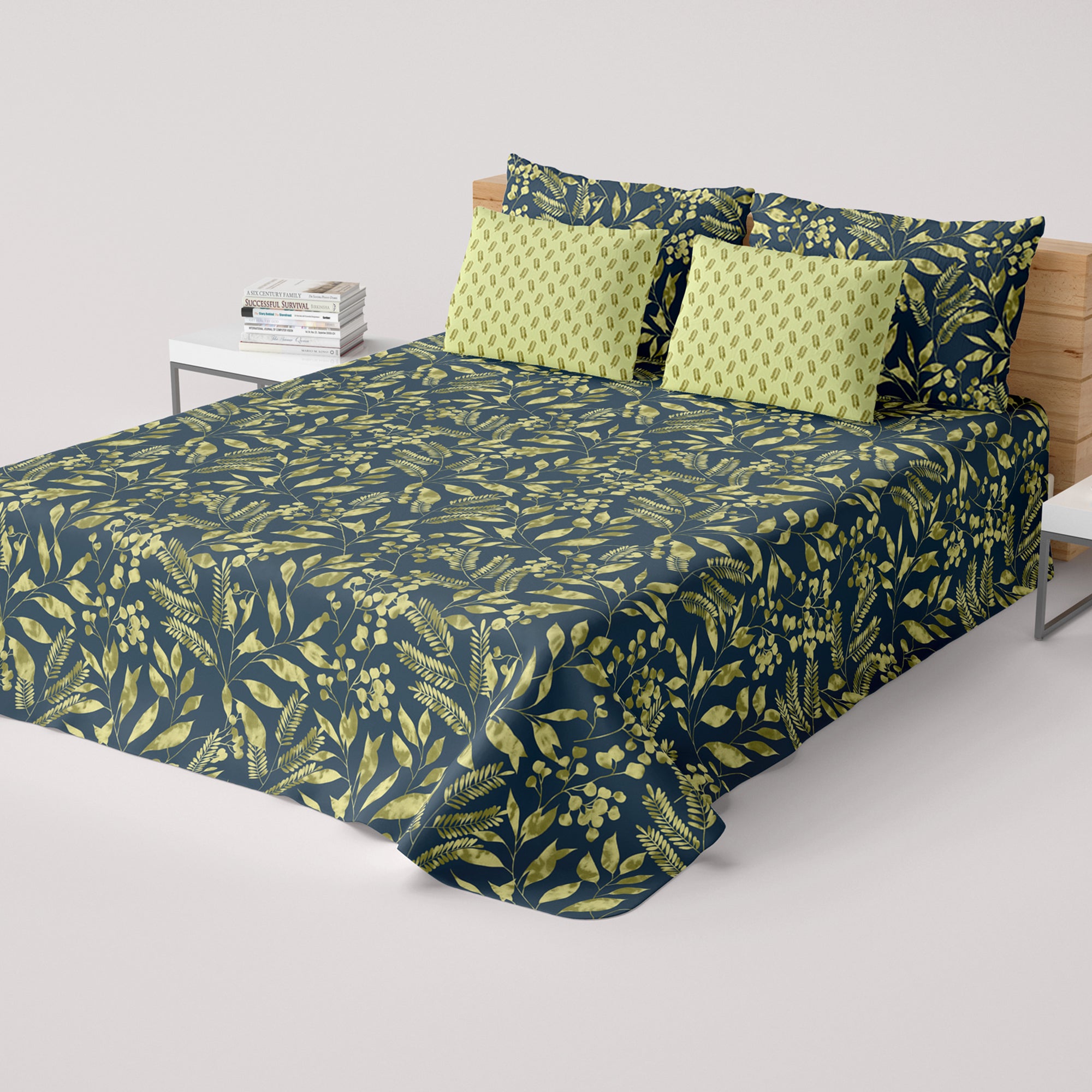 Xara Dark Blue Floral Geometric Grid Bed Sheet Set - 8533-34