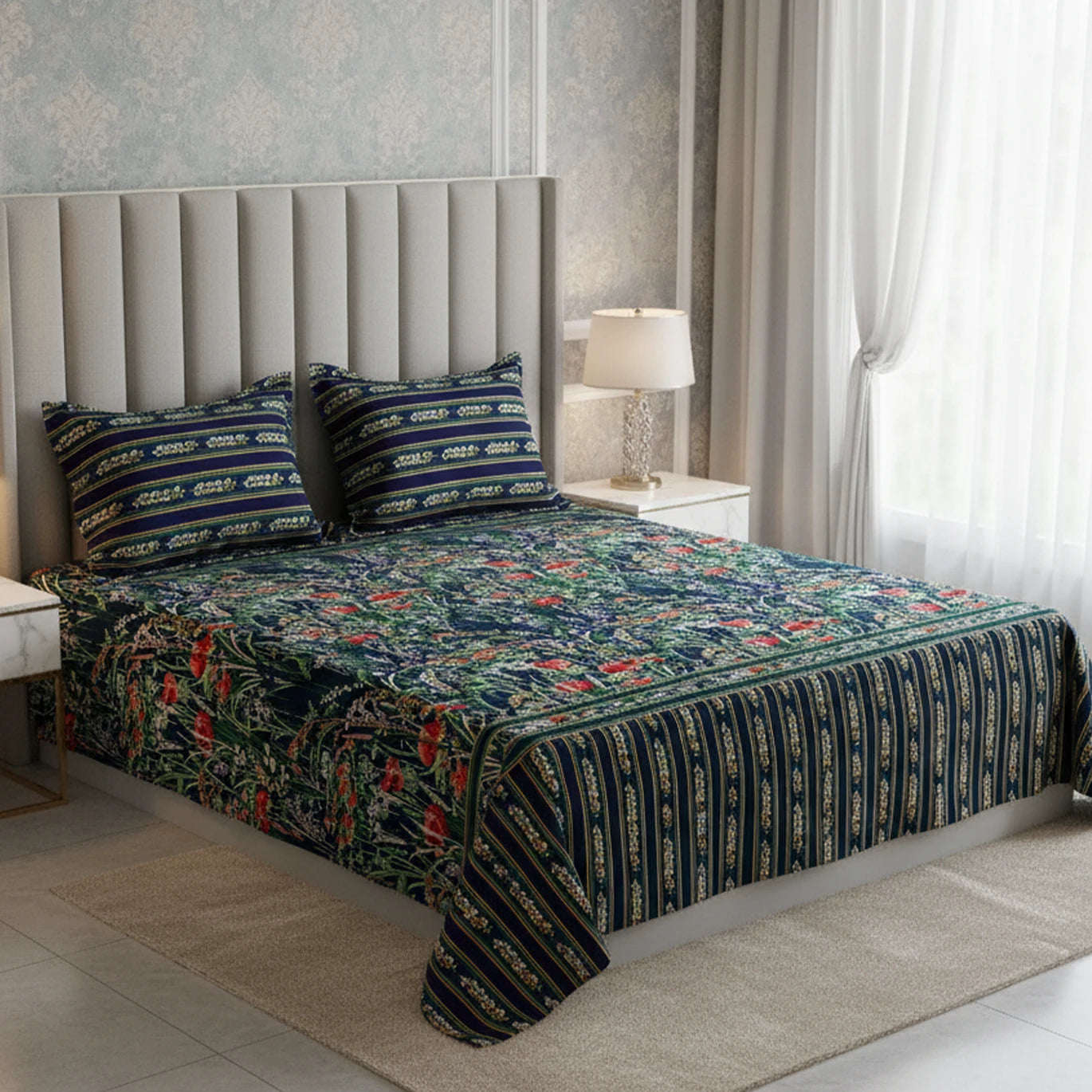 Xara Dark Blue Floral Stripe Border Bed Sheet Set - 8501-02