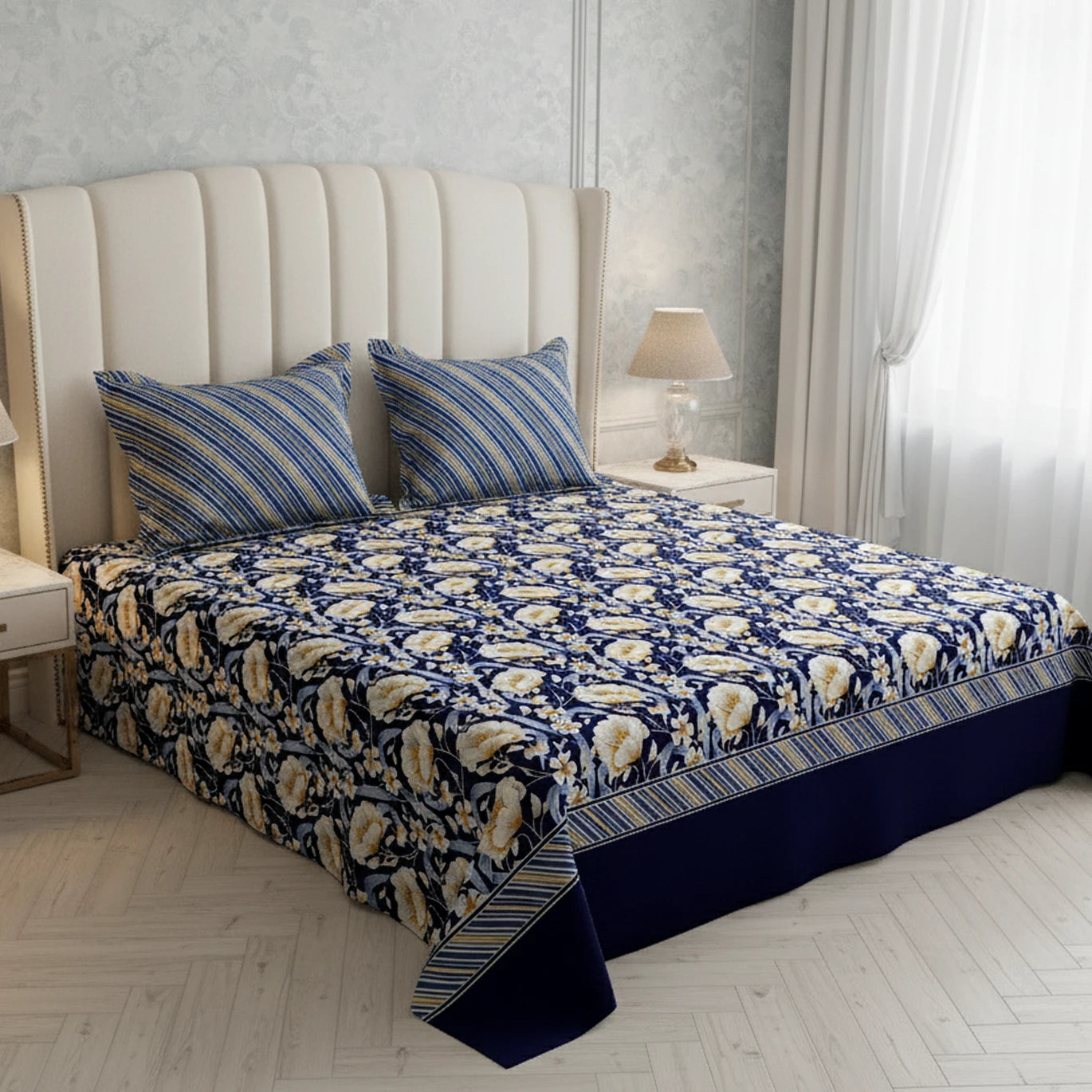 Xara Dark Blue Floral Stripe Border Bed Sheet Set - 8505-06