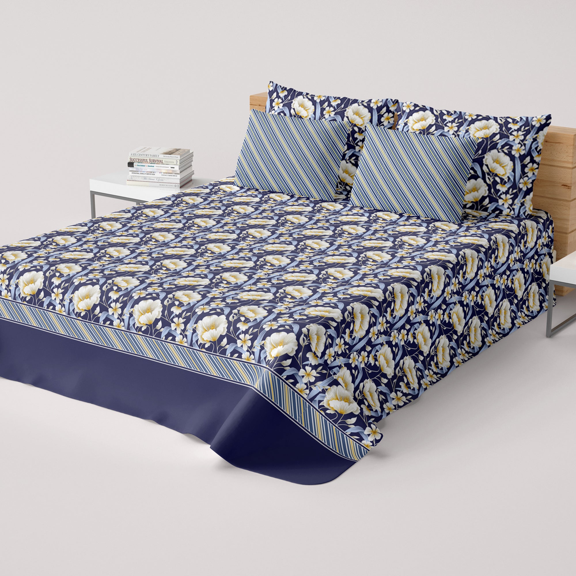 Xara Dark Blue Floral Stripe Border Bed Sheet Set - 8505-06