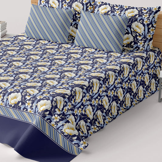 Xara Dark Blue Floral Stripe Border Bed Sheet Set - 8505-06