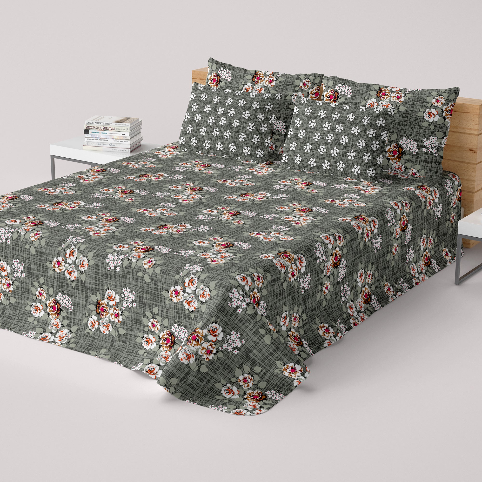 Xara Dark Grey Floral Bed Sheet Set - 7715-7716