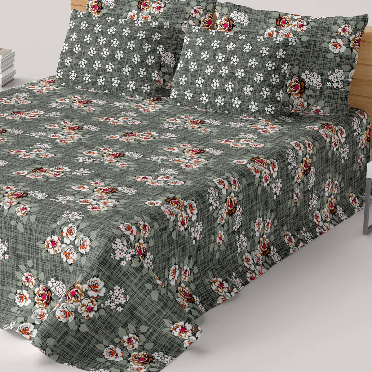 Xara Dark Grey Floral Bed Sheet Set - 7715-7716 Main image