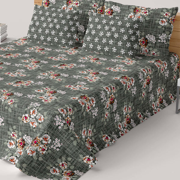 Xara Dark Grey Floral Bed Sheet Set - 7715-7716