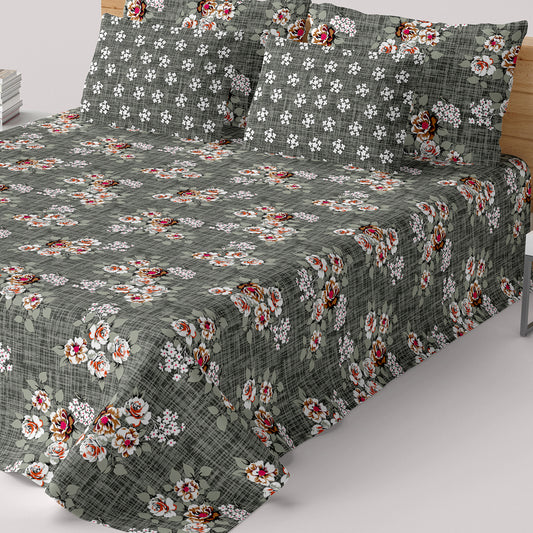 Xara Dark Grey Floral Bed Sheet Set - 7715-7716