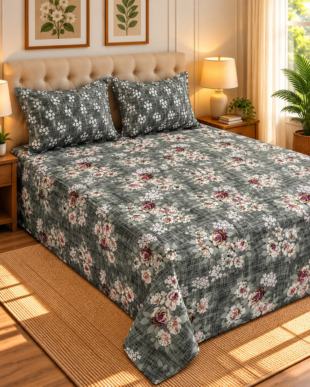 Xara Dark Grey Floral Bed Sheet Set - 7715-7716