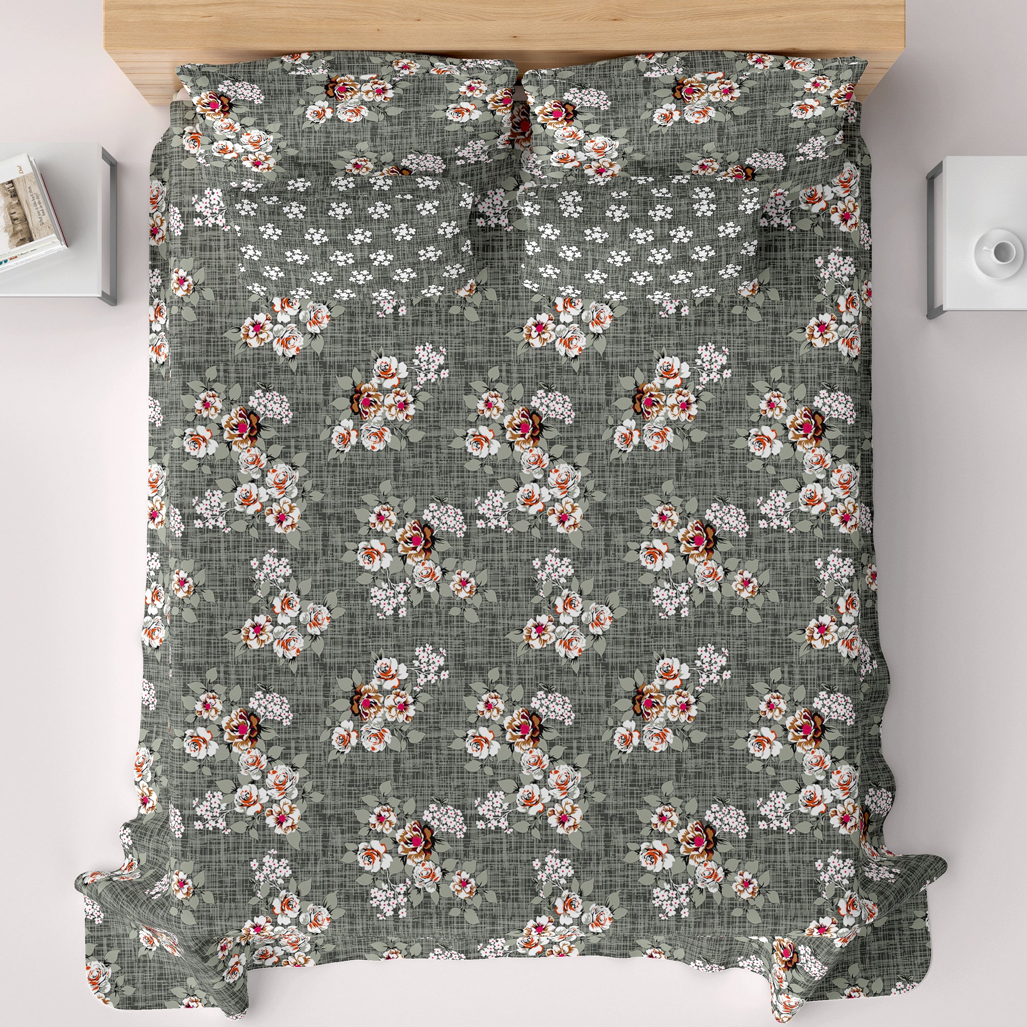 Xara Dark Grey Floral Bed Sheet Set - 7715-7716