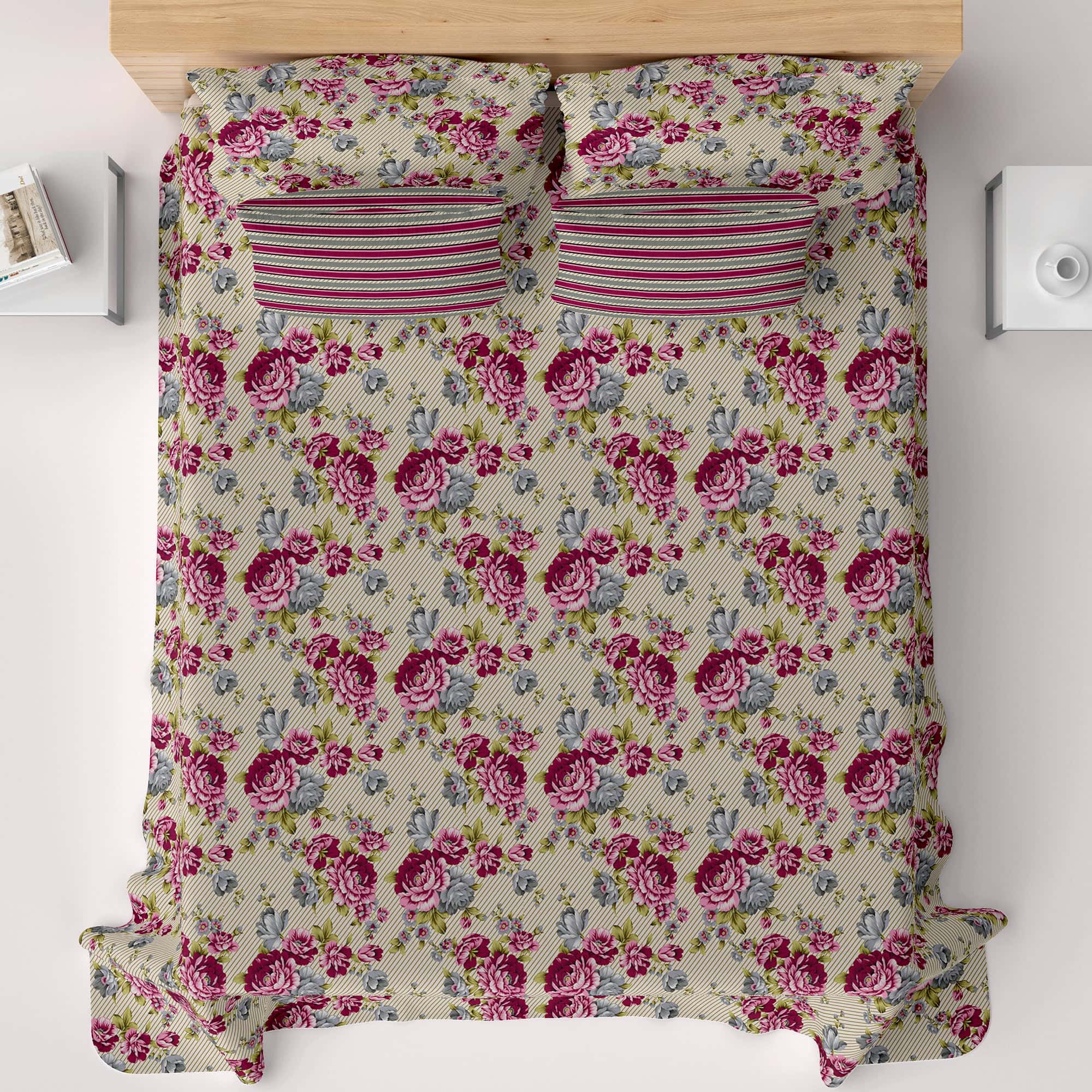 Xara Fawn Pink Floral Stripe Bed Sheet Set - 7677-7678