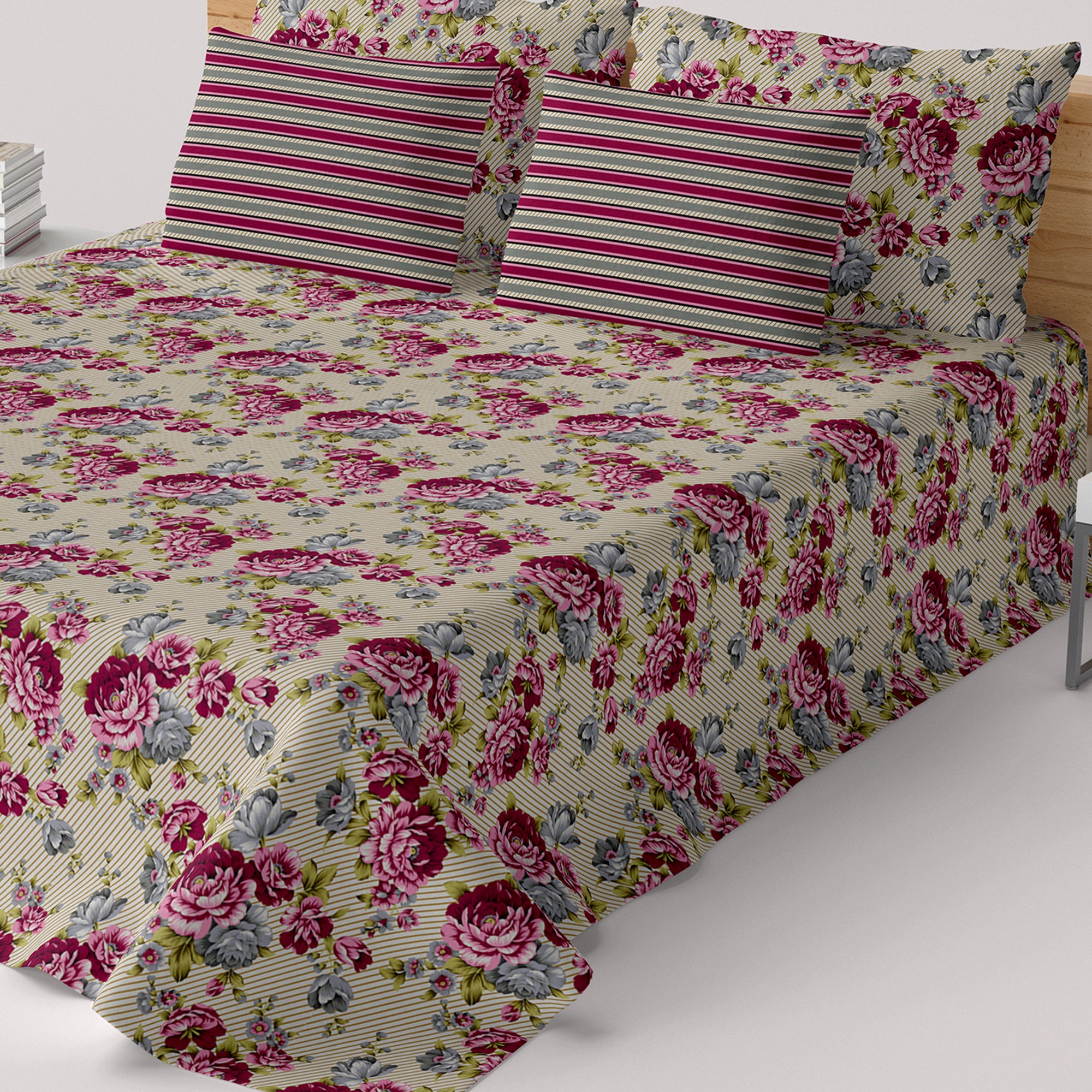 Xara Fawn Pink Floral Stripe Bed Sheet Set - 7677-7678