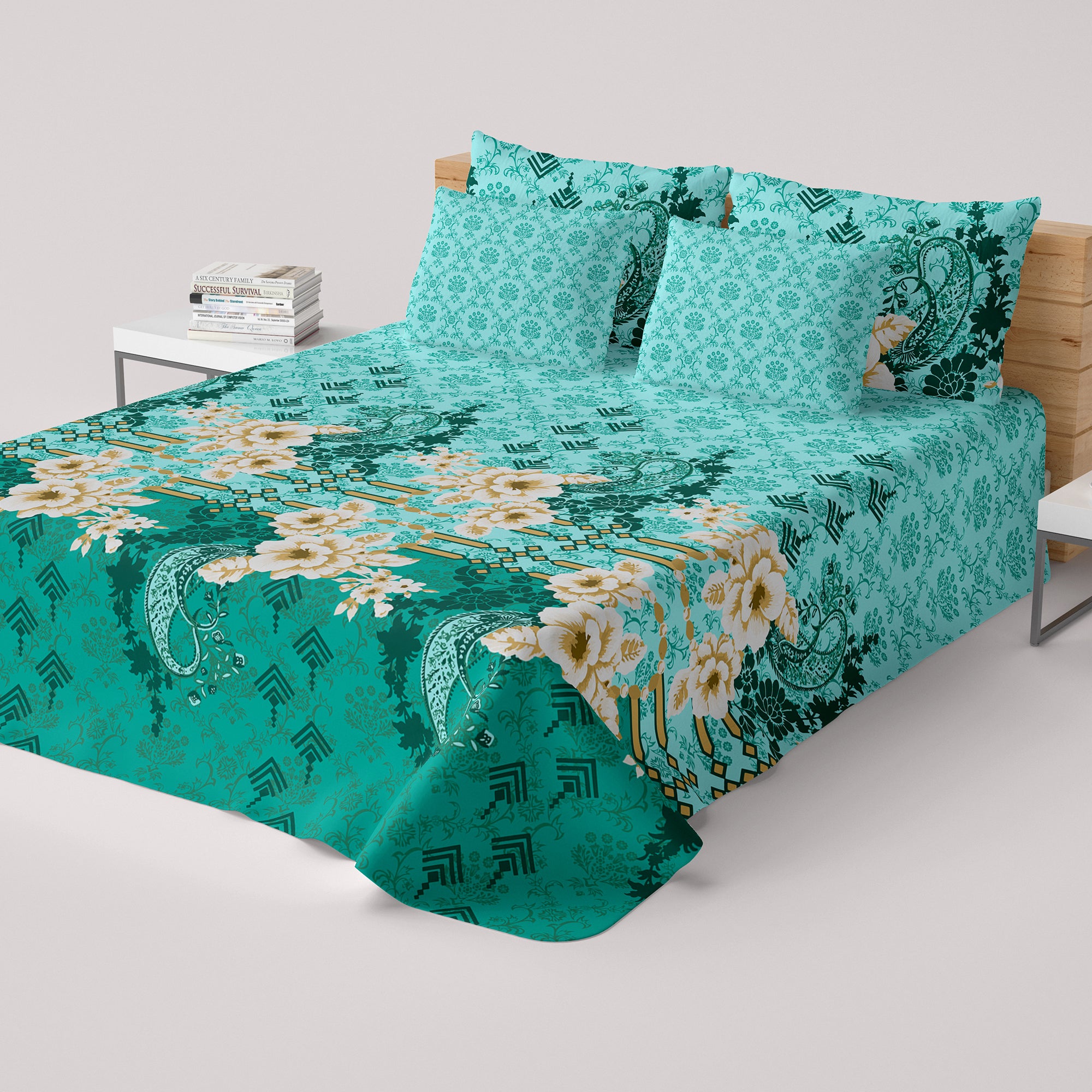 Xara Ferozi Floral Geometric Bed Sheet Set - 7999-8000