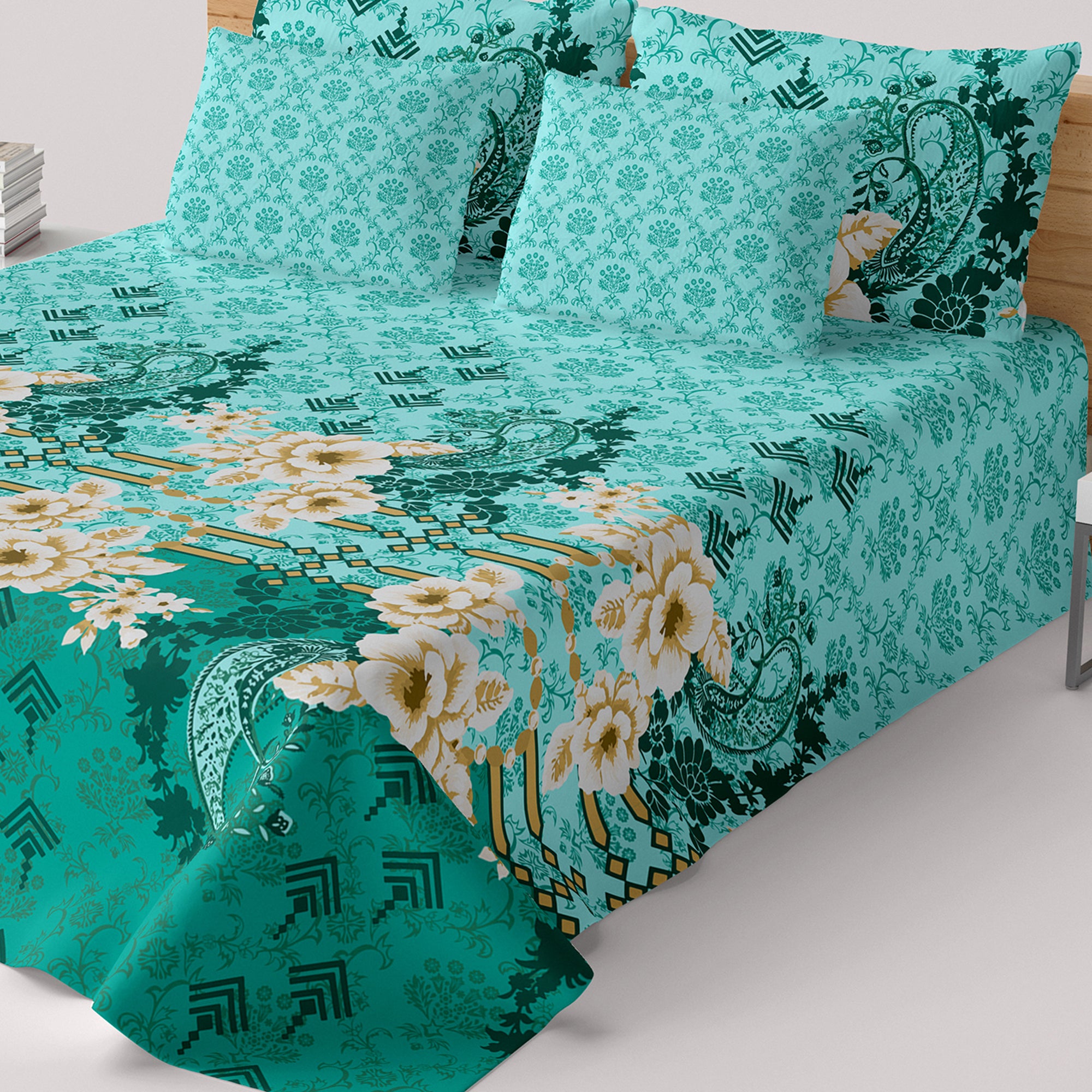 Xara Ferozi Floral Geometric Bed Sheet Set - 7999-8000