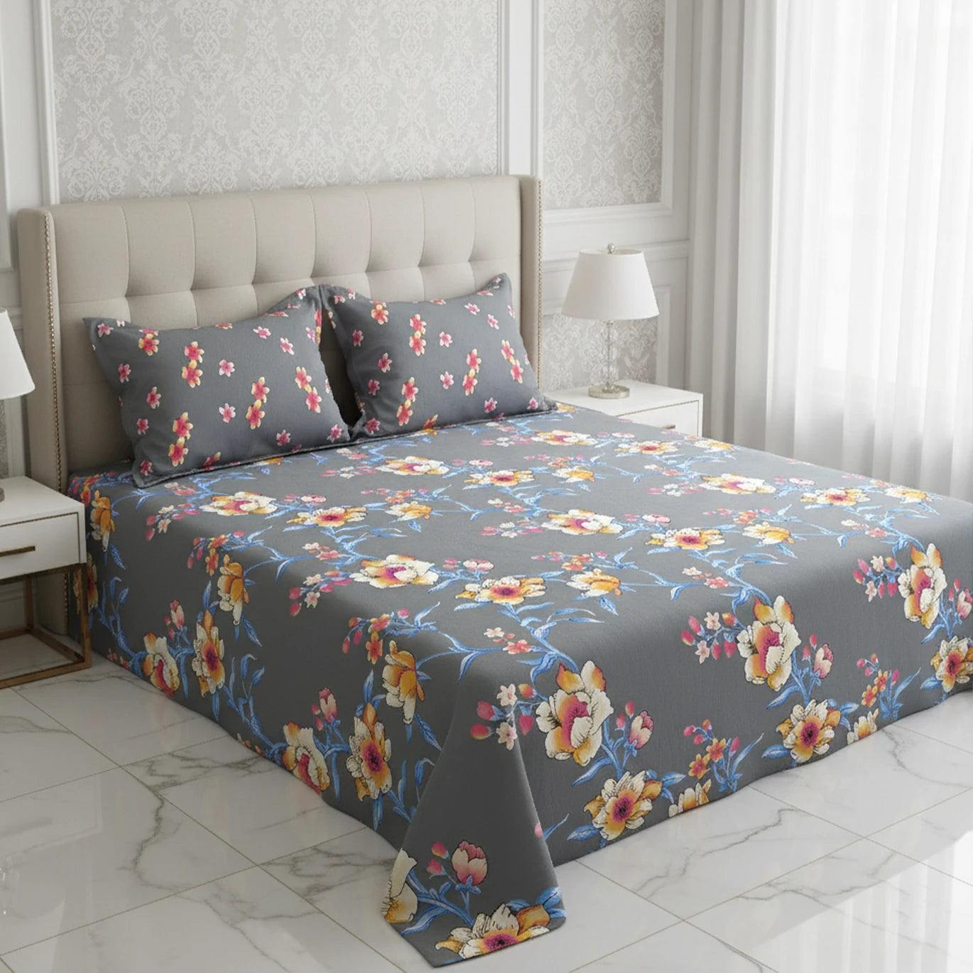 Xara Floral Grey Bed Sheet Set - 8043-8065