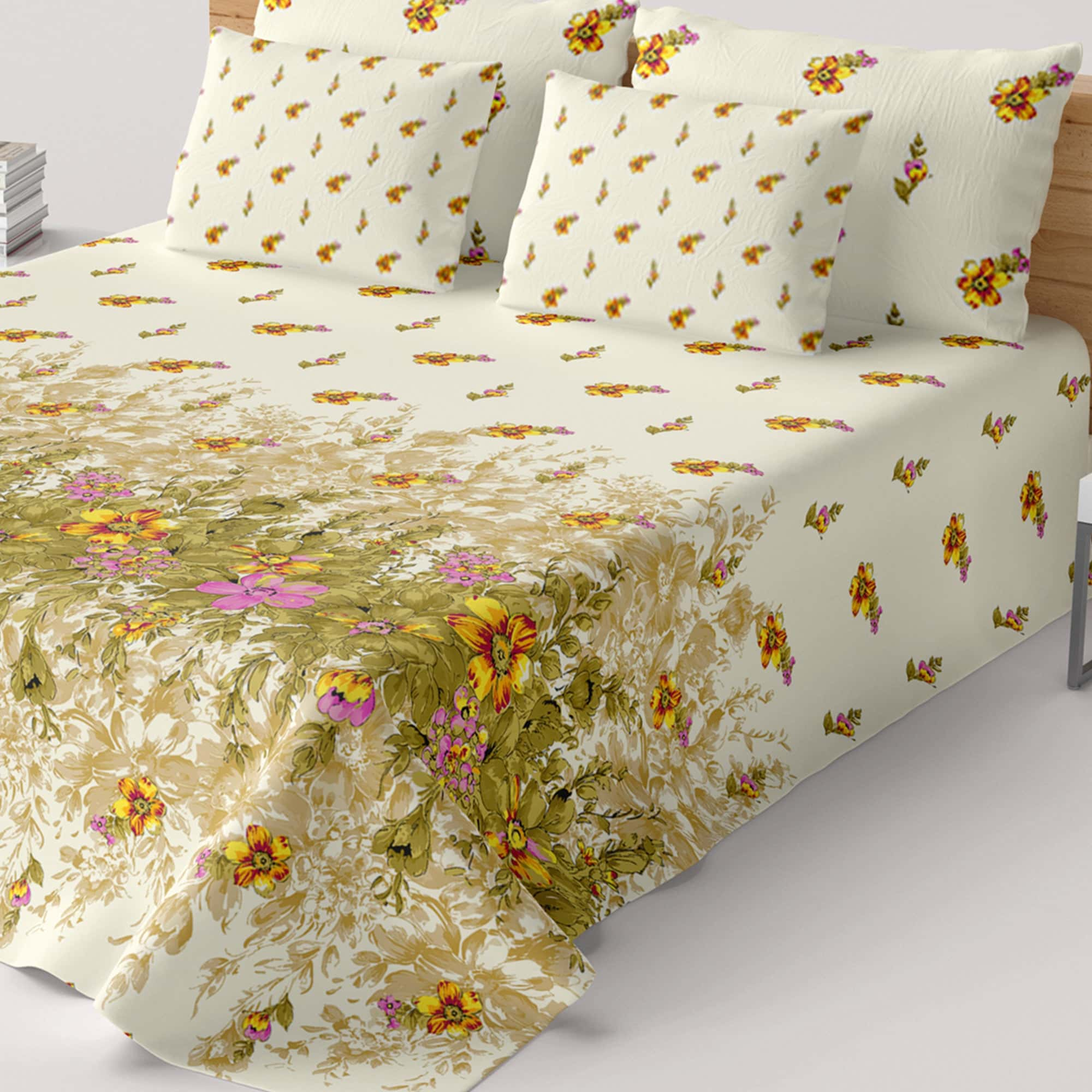 Xara Floral Stripe Border Bed Sheet Set Cream - 8484-85