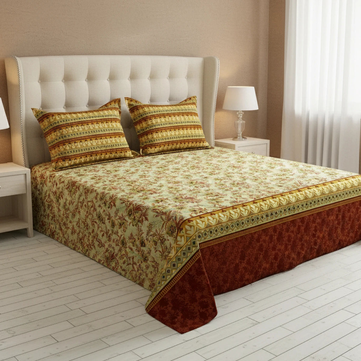 Xara Floral Striped Border Bed Sheet Set Cream