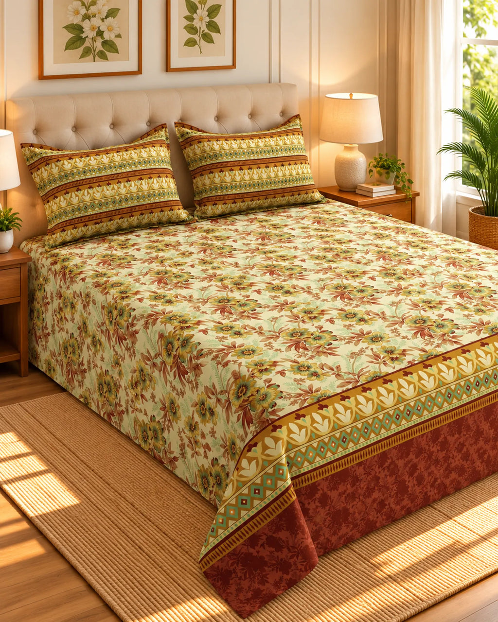 Xara Floral Striped Border Bed Sheet Set Cream