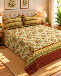 Xara Floral Striped Border Bed Sheet Set Cream
