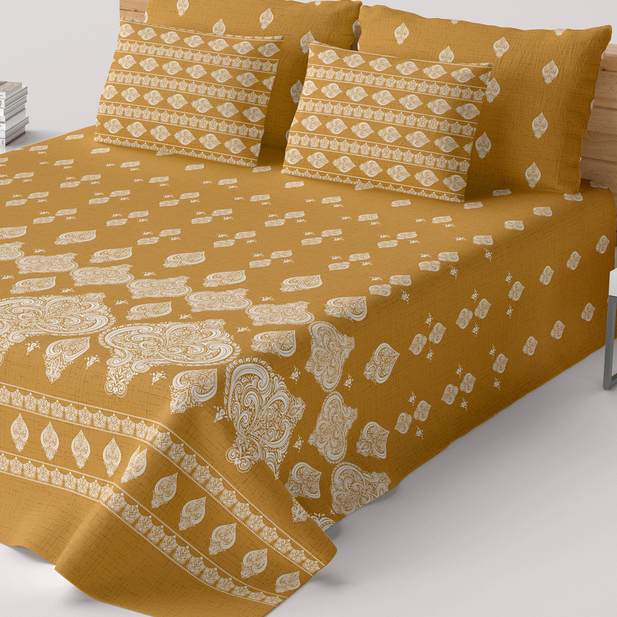 Xara Golden Paisley Damask Bed Sheet Set with Striped Border - 8163-8164