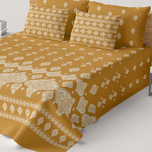 Xara Golden Paisley Damask Bed Sheet Set with Striped Border - 8163-8164