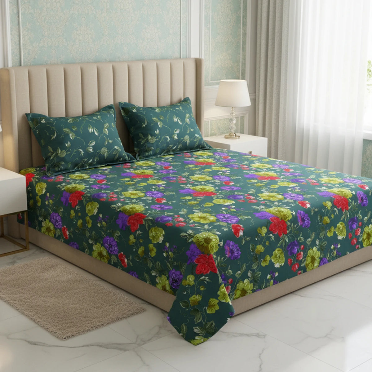 Xara Green Floral Bed Sheet Set