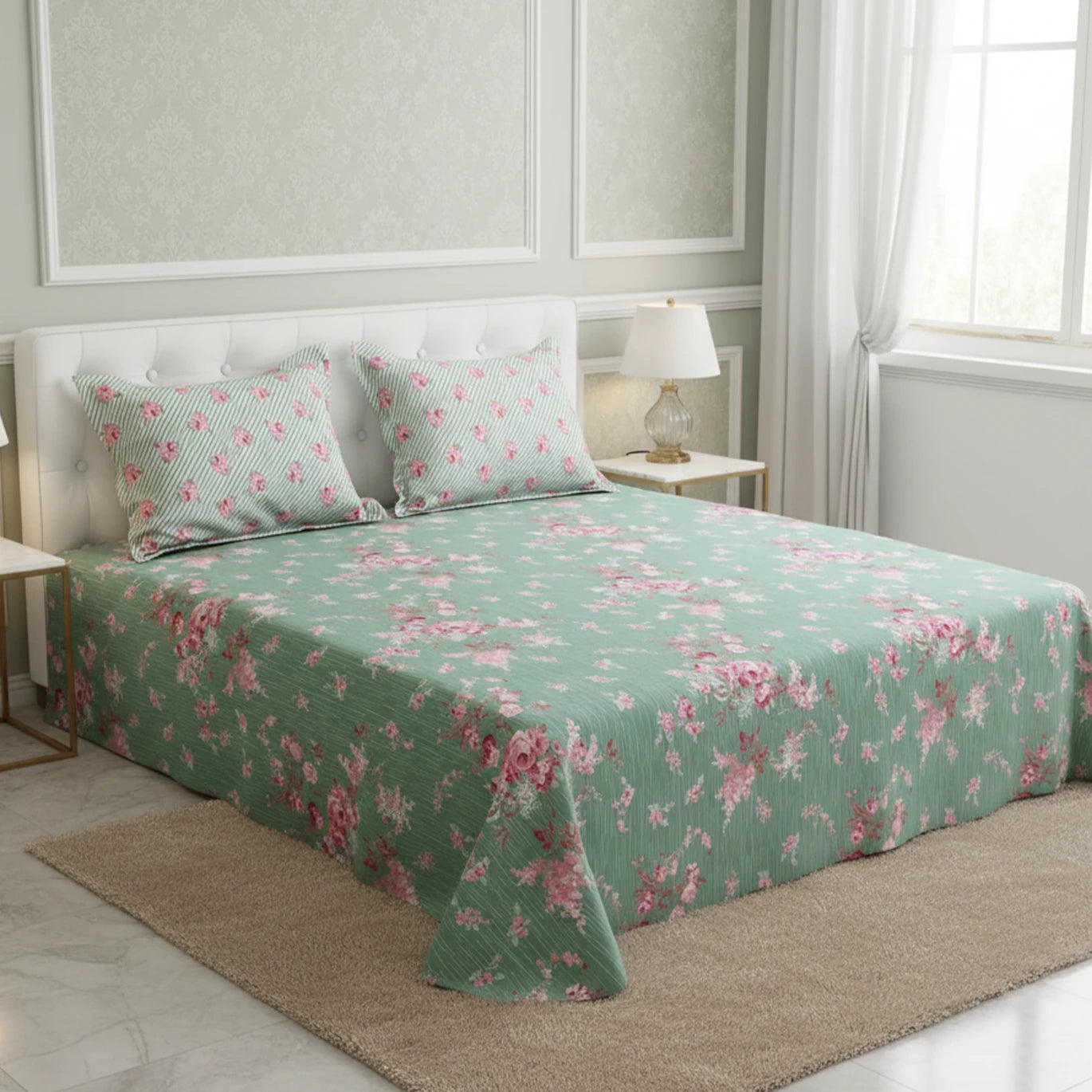 Xara Green Floral Bed Sheet Set with Striped Border