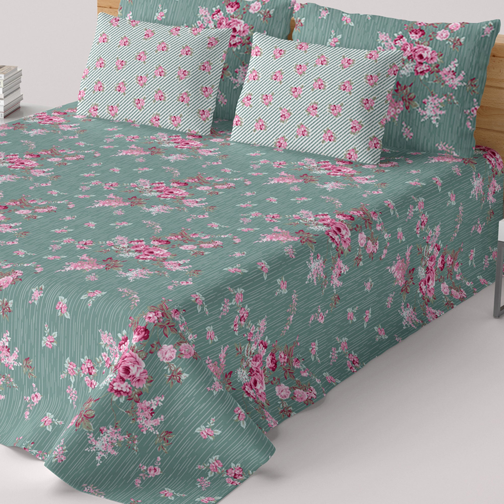 Xara Green Floral Bed Sheet Set with Striped Border - 8448-49