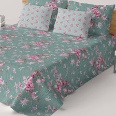 Xara Green Floral Bed Sheet Set with Striped Border