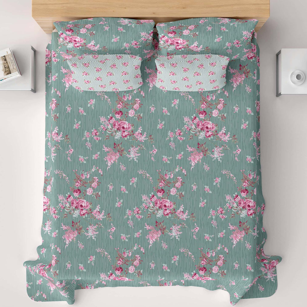Xara Green Floral Bed Sheet Set with Striped Border