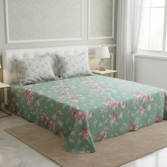 Xara Green Floral Bed Sheet Set with Striped Border