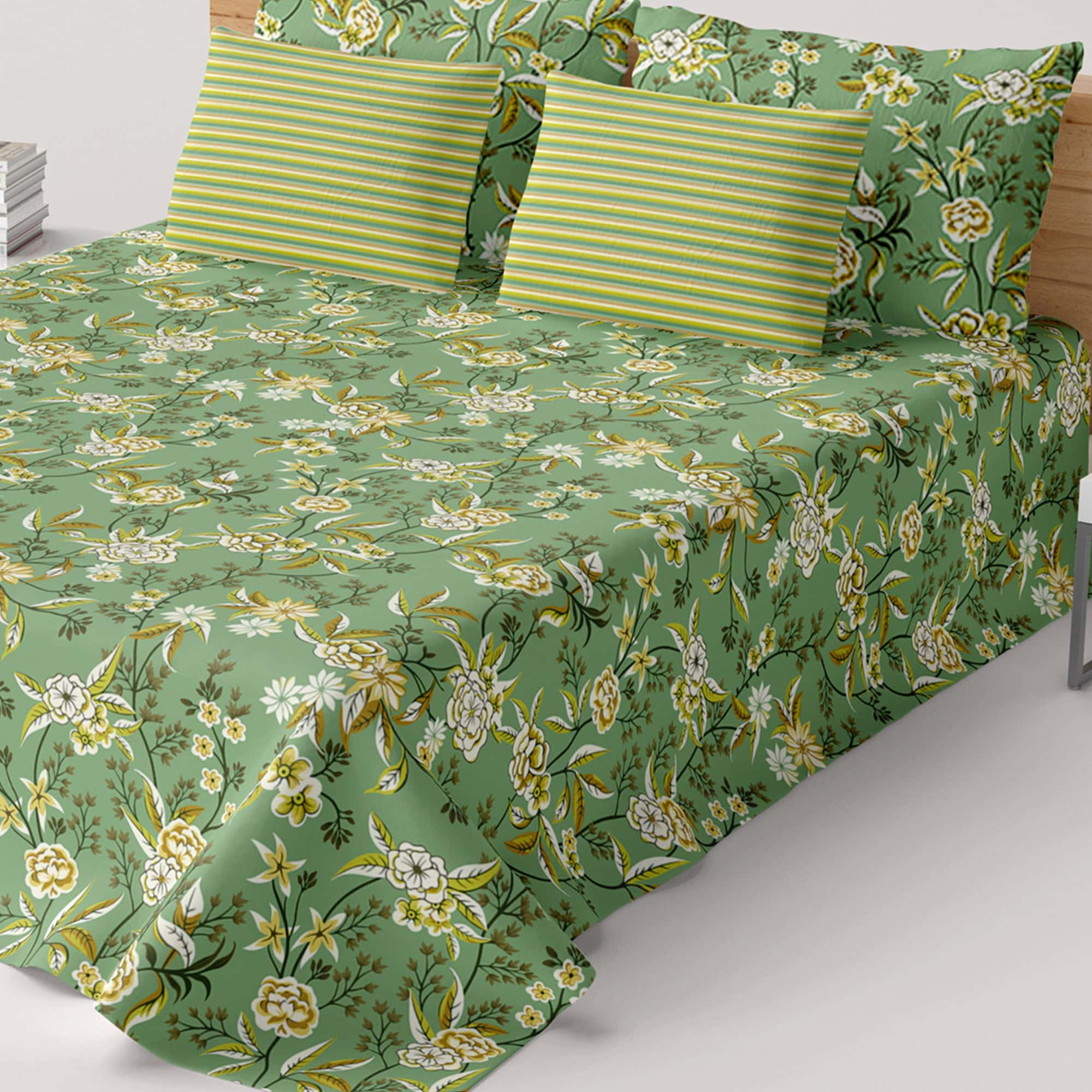 Xara Green Floral Bed Sheet Set with Striped Border - 8496-97