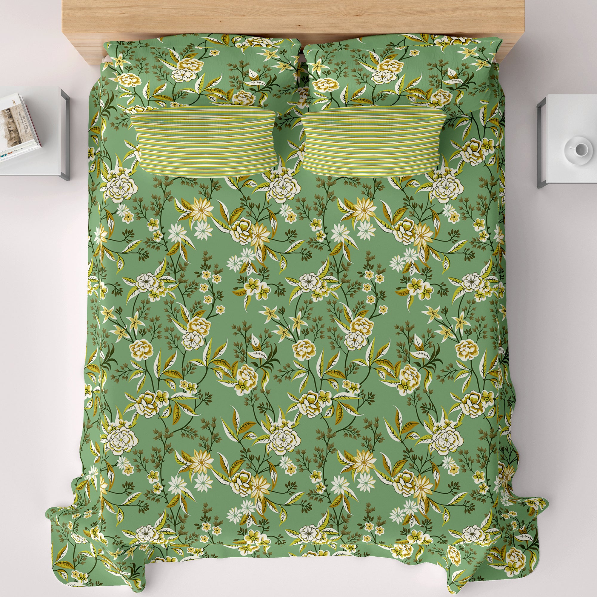 Xara Green Floral Bed Sheet Set with Striped Border - 8496-97