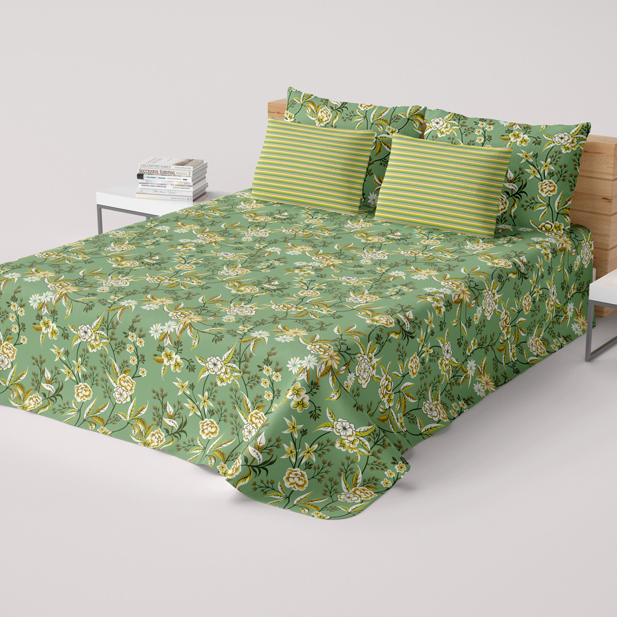 Xara Green Floral Bed Sheet Set with Striped Border - 8496-97