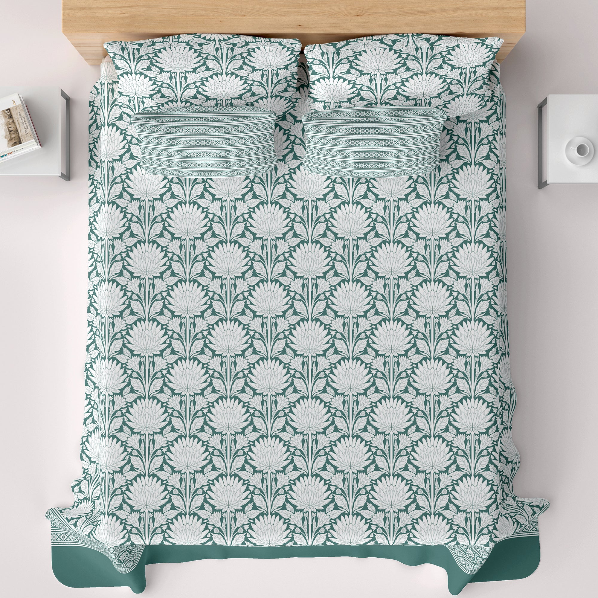 Xara Green Floral Chevron Bed Sheet Set - 8569-70