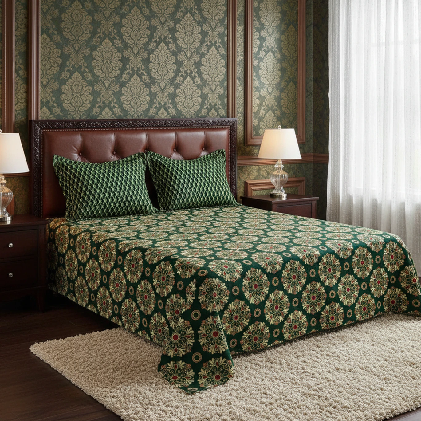 Xara Green Floral Stripe Border Bed Sheet Set - 8564-65