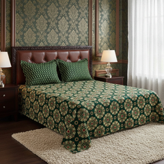 Xara Green Floral Stripe Border Bed Sheet Set